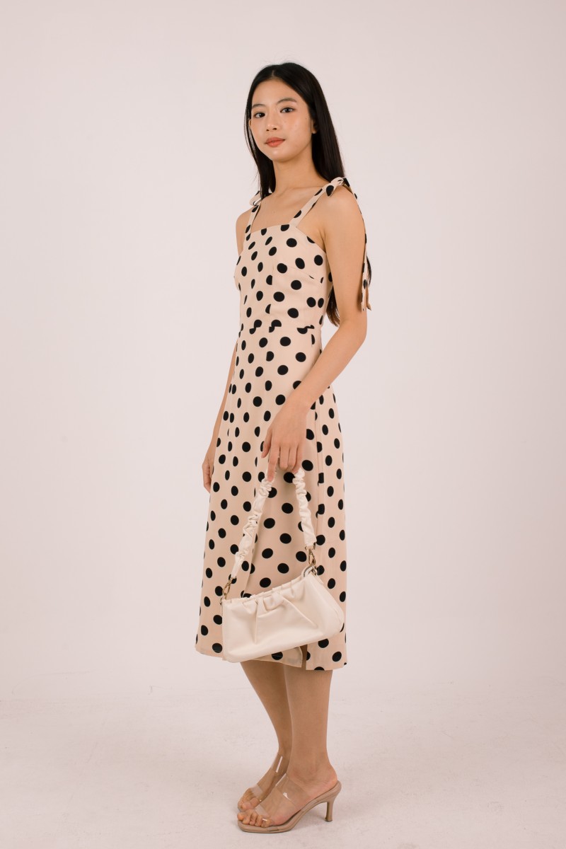 Liorah Tie-Sleeve Polka Dot Dress in Cream
