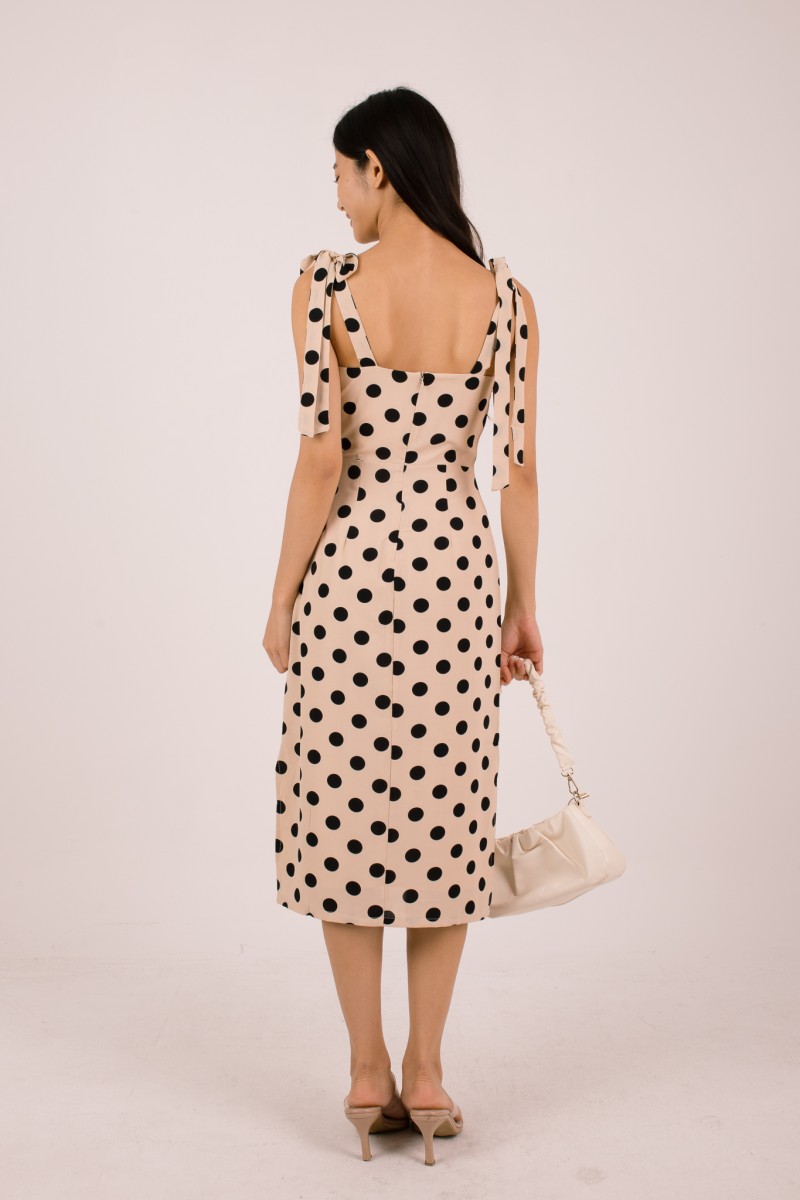 Liorah Tie-Sleeve Polka Dot Dress in Cream