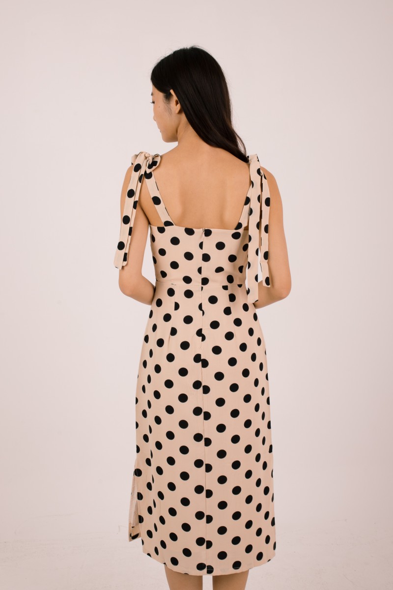 Liorah Tie-Sleeve Polka Dot Dress in Cream