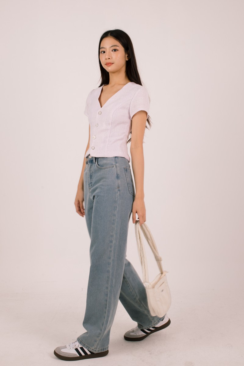 Anisse Pearl Tweed V-Neck Top in Lilac