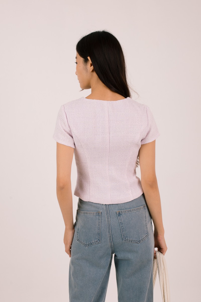 Anisse Pearl Tweed V-Neck Top in Lilac
