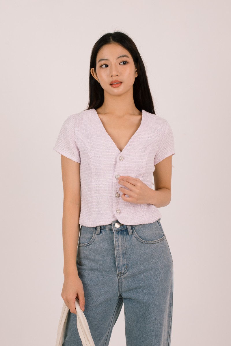 Anisse Pearl Tweed V-Neck Top in Lilac