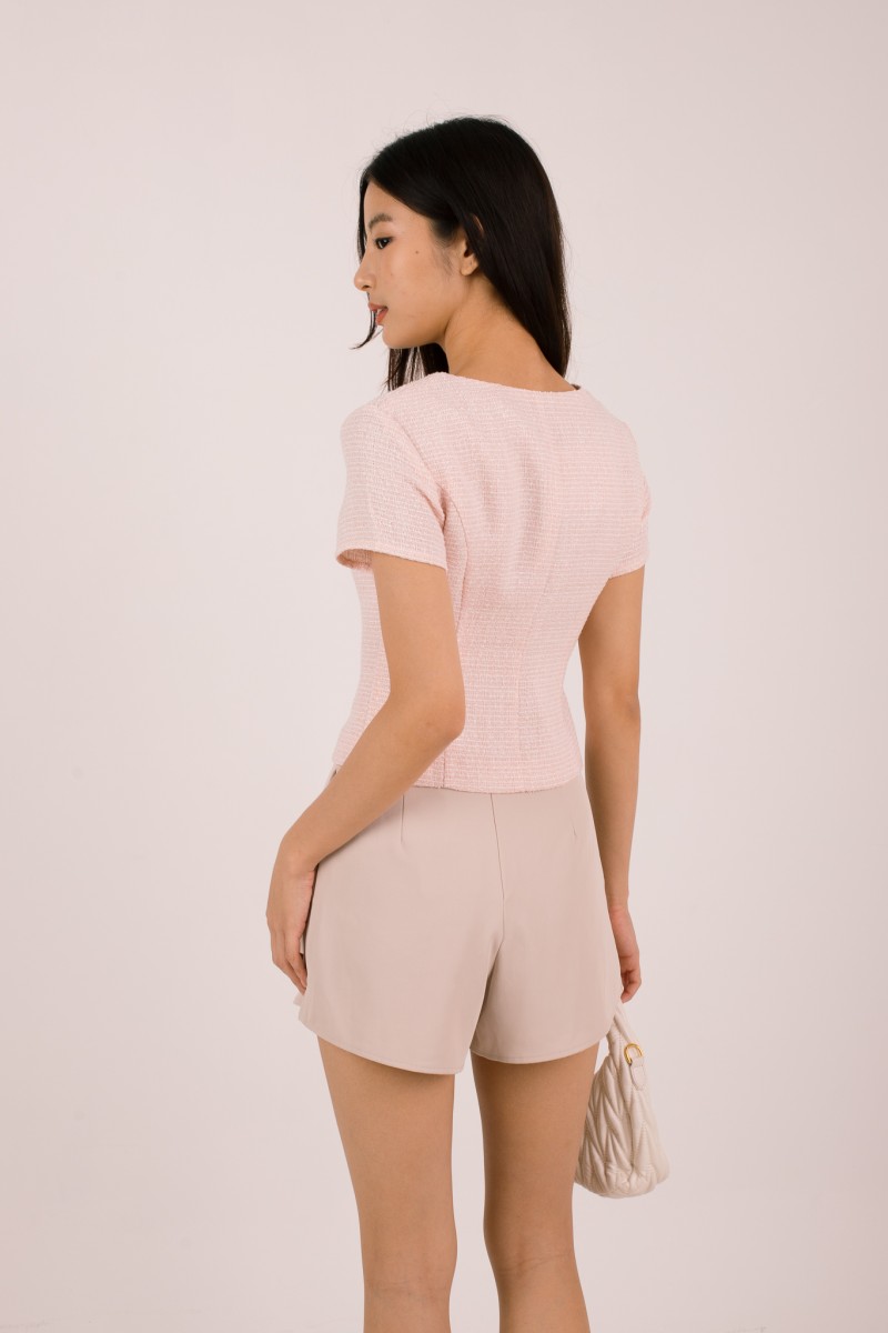Anisse Pearl Tweed V-Neck Top in Blush