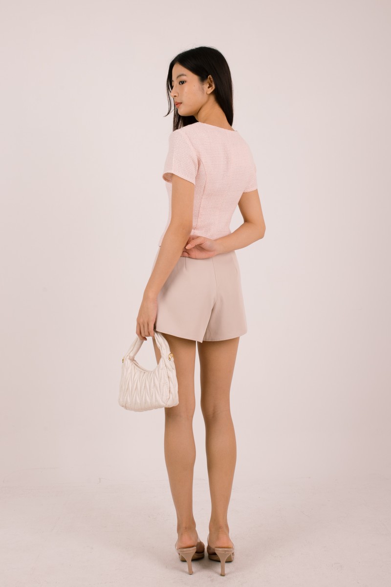 Anisse Pearl Tweed V-Neck Top in Blush