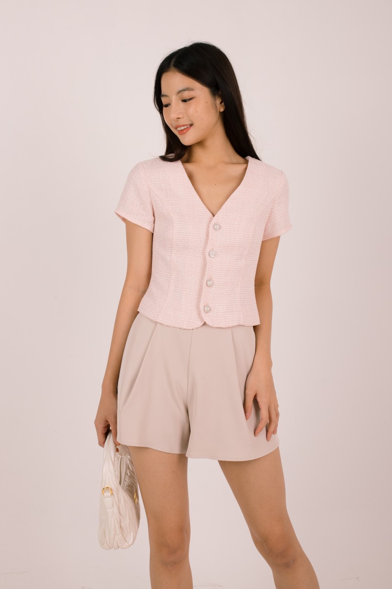Anisse Pearl Tweed V-Neck Top in Blush