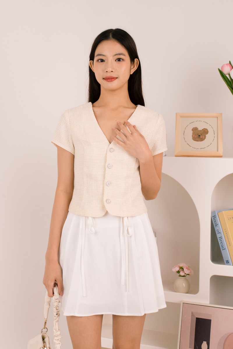 Anisse Pearl Tweed V-Neck Top in Butter