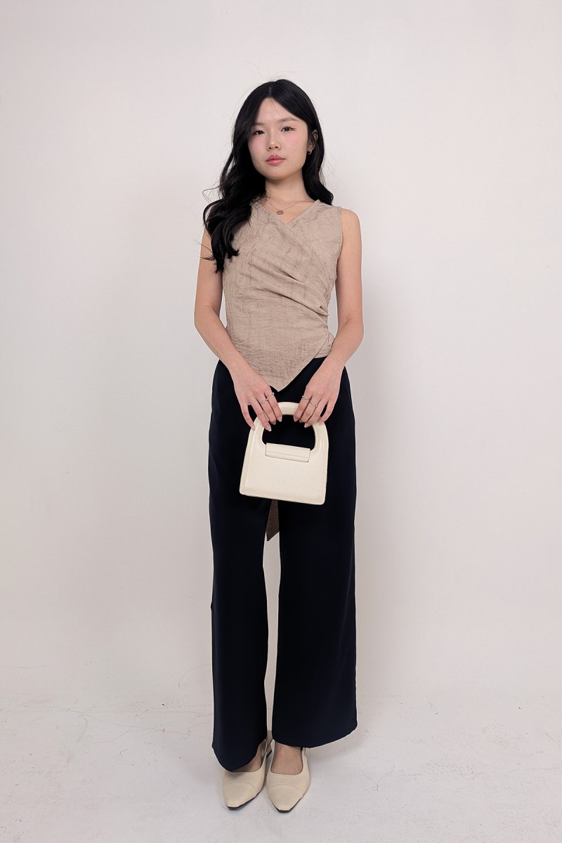 BACKORDERS: Evrae Ruched Wrap Vest Top in Warm Taupe