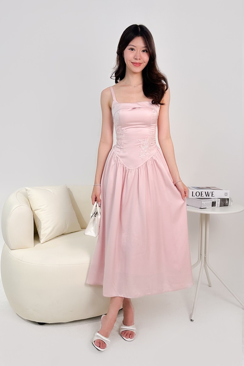 Amorette Corset Embroidered Dress in Pink