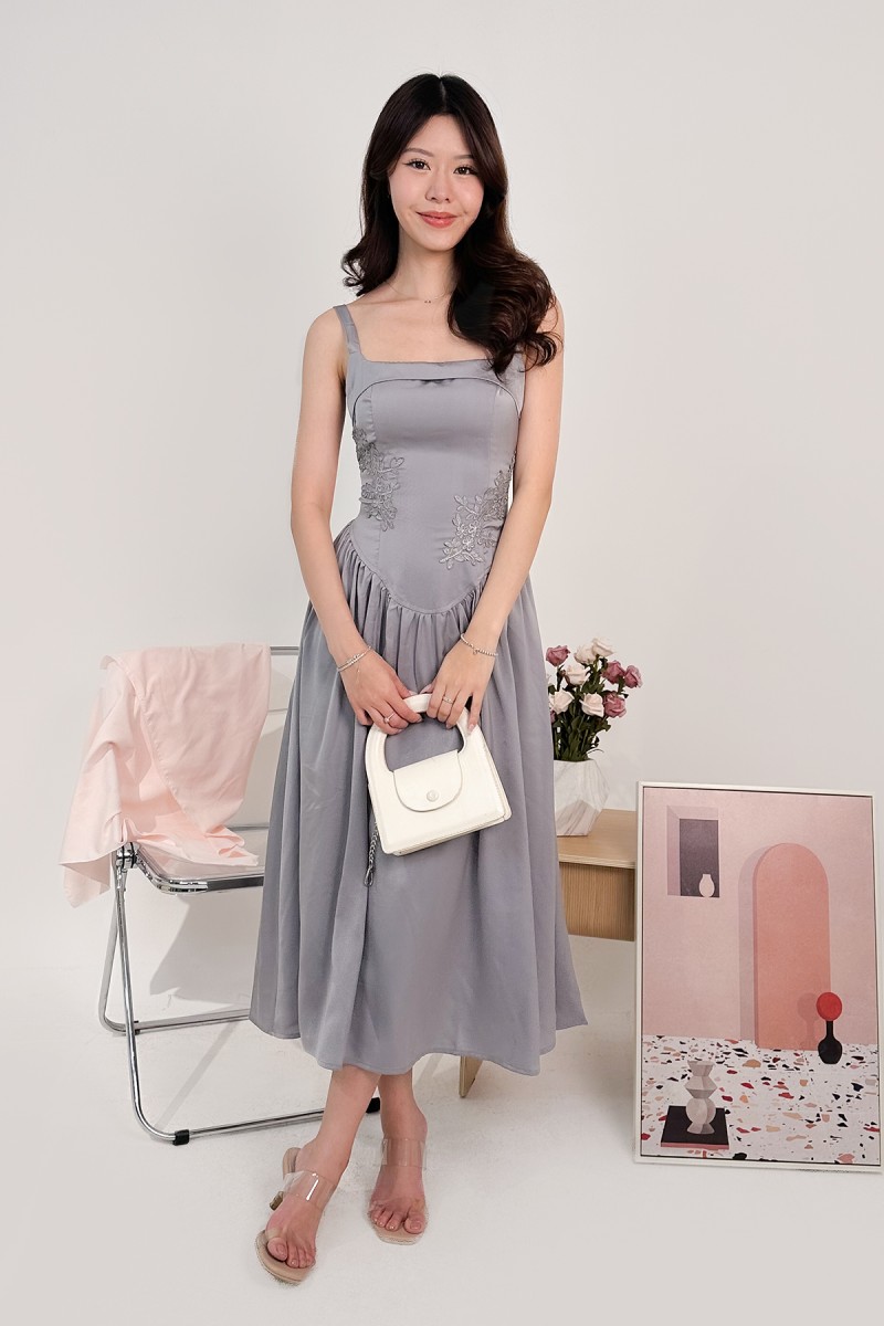 Amorette Corset Embroidered Dress in Grey