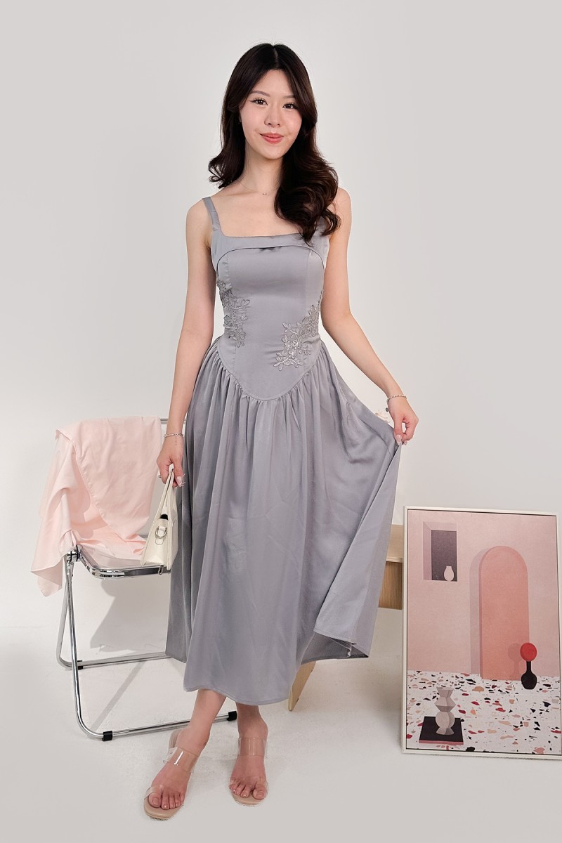 Amorette Corset Embroidered Dress in Grey
