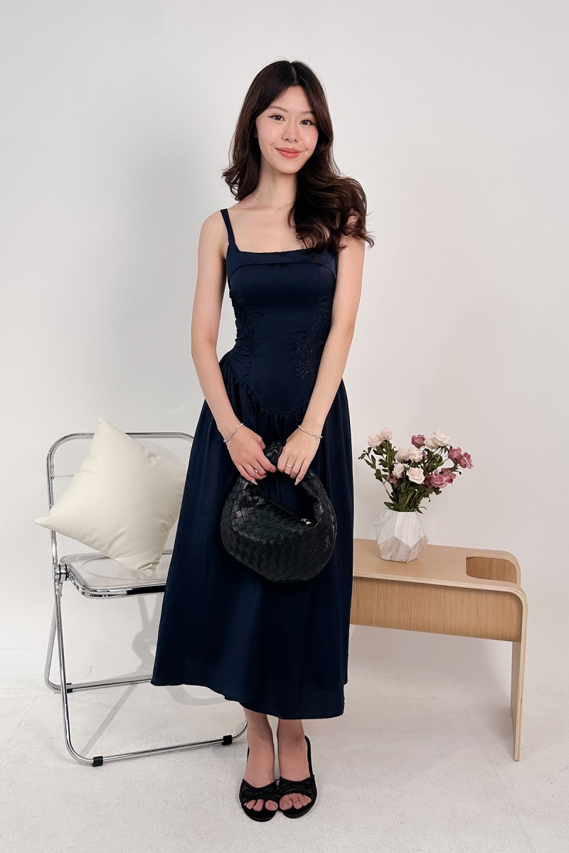 Amorette Corset Embroidered Dress in Navy