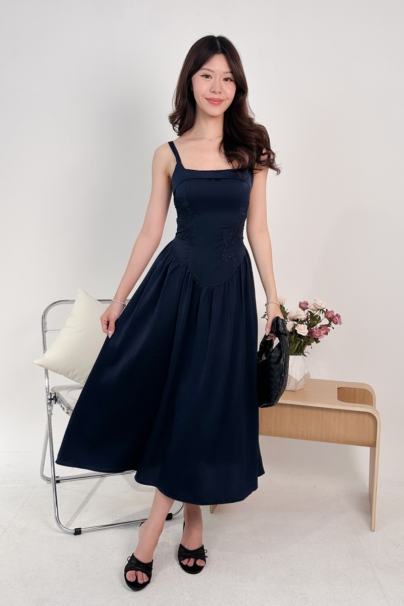 Amorette Corset Embroidered Dress in Navy