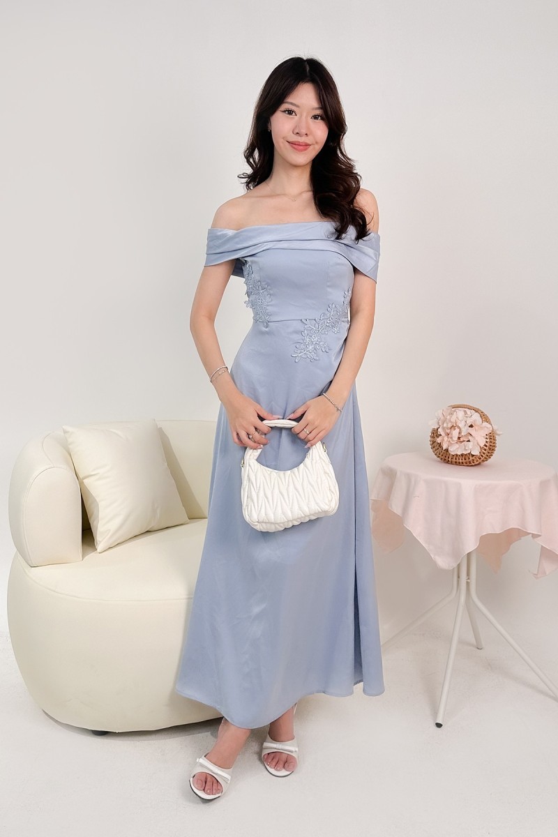 Vonna Crochet Off-Shoulder Dress in Blue