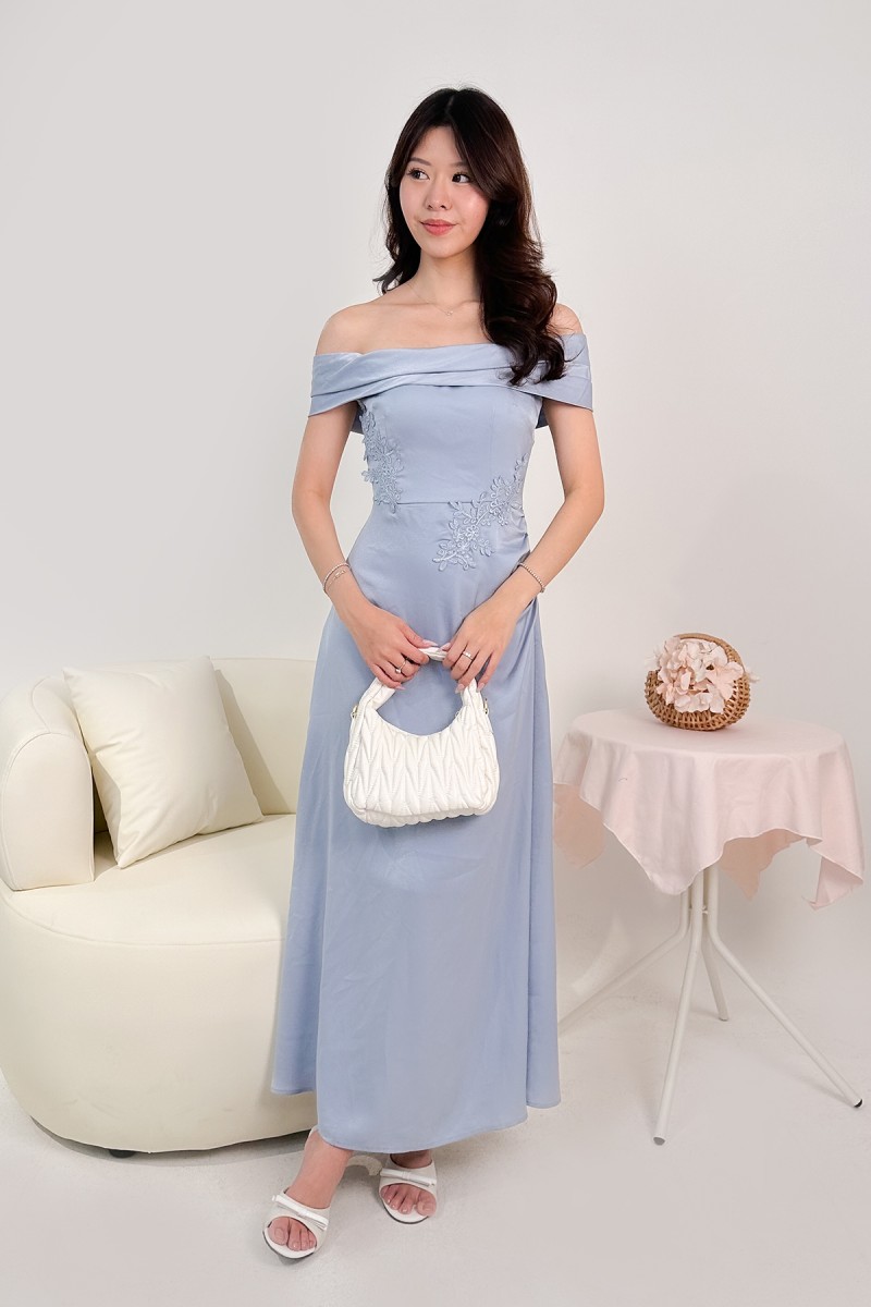 Vonna Crochet Off-Shoulder Dress in Blue
