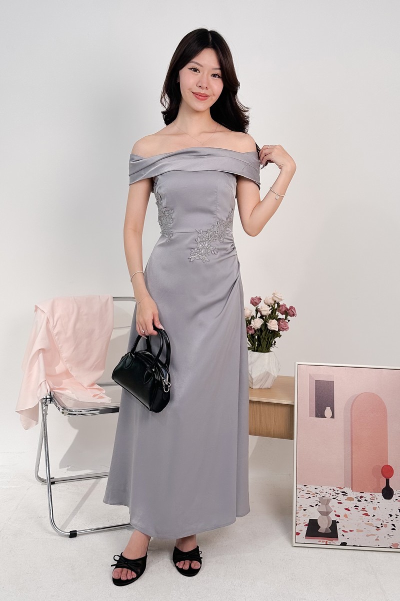Vonna Crochet Off-Shoulder Dress in Grey