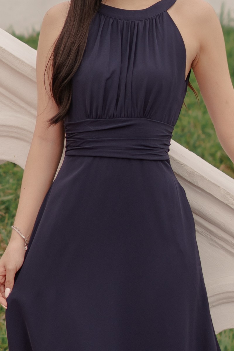 BACKORDERS: Acantha Halter Pleated Midaxi Dress in Navy