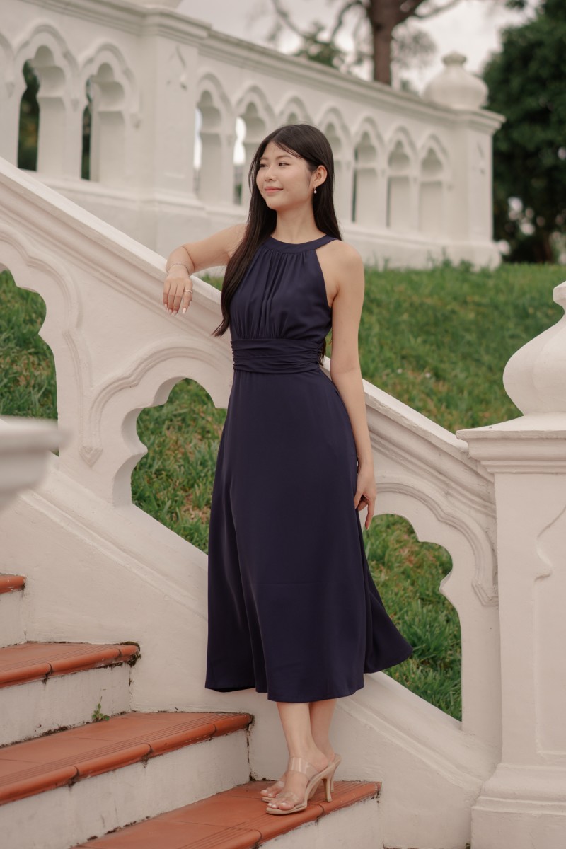 BACKORDERS: Acantha Halter Pleated Midaxi Dress in Navy