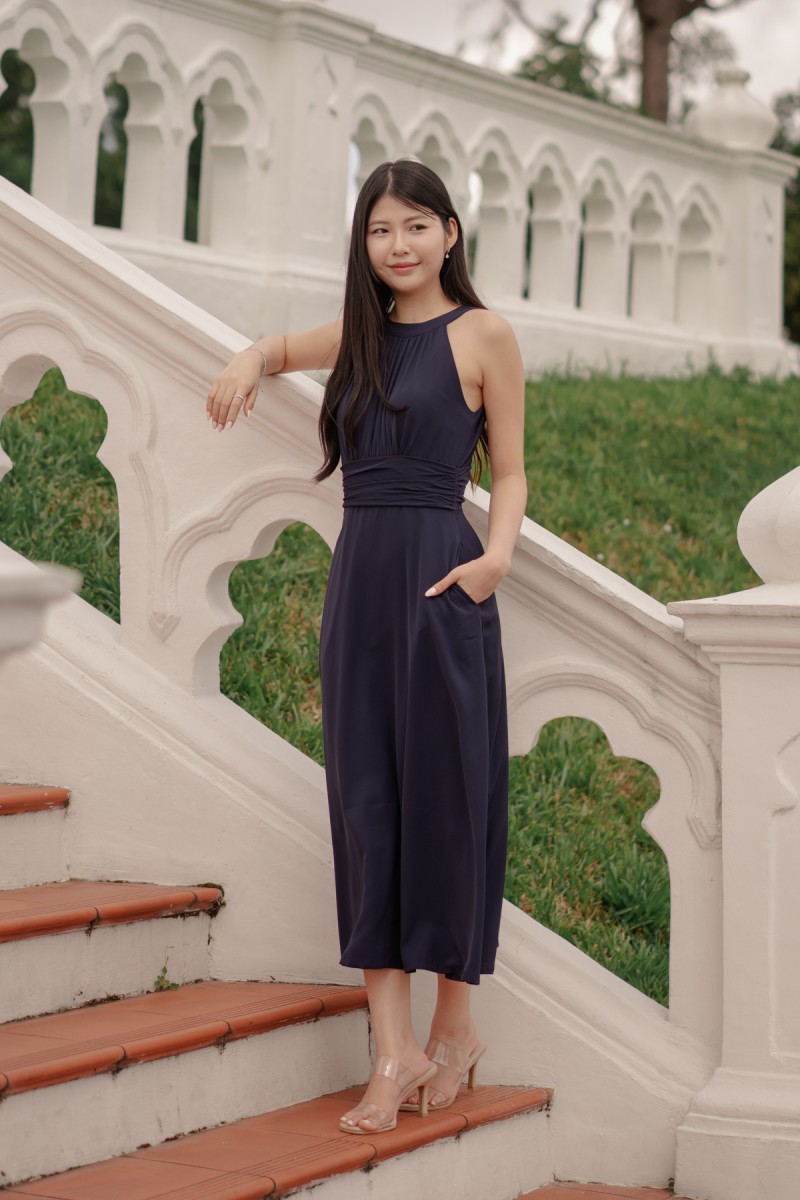 BACKORDERS: Acantha Halter Pleated Midaxi Dress in Navy