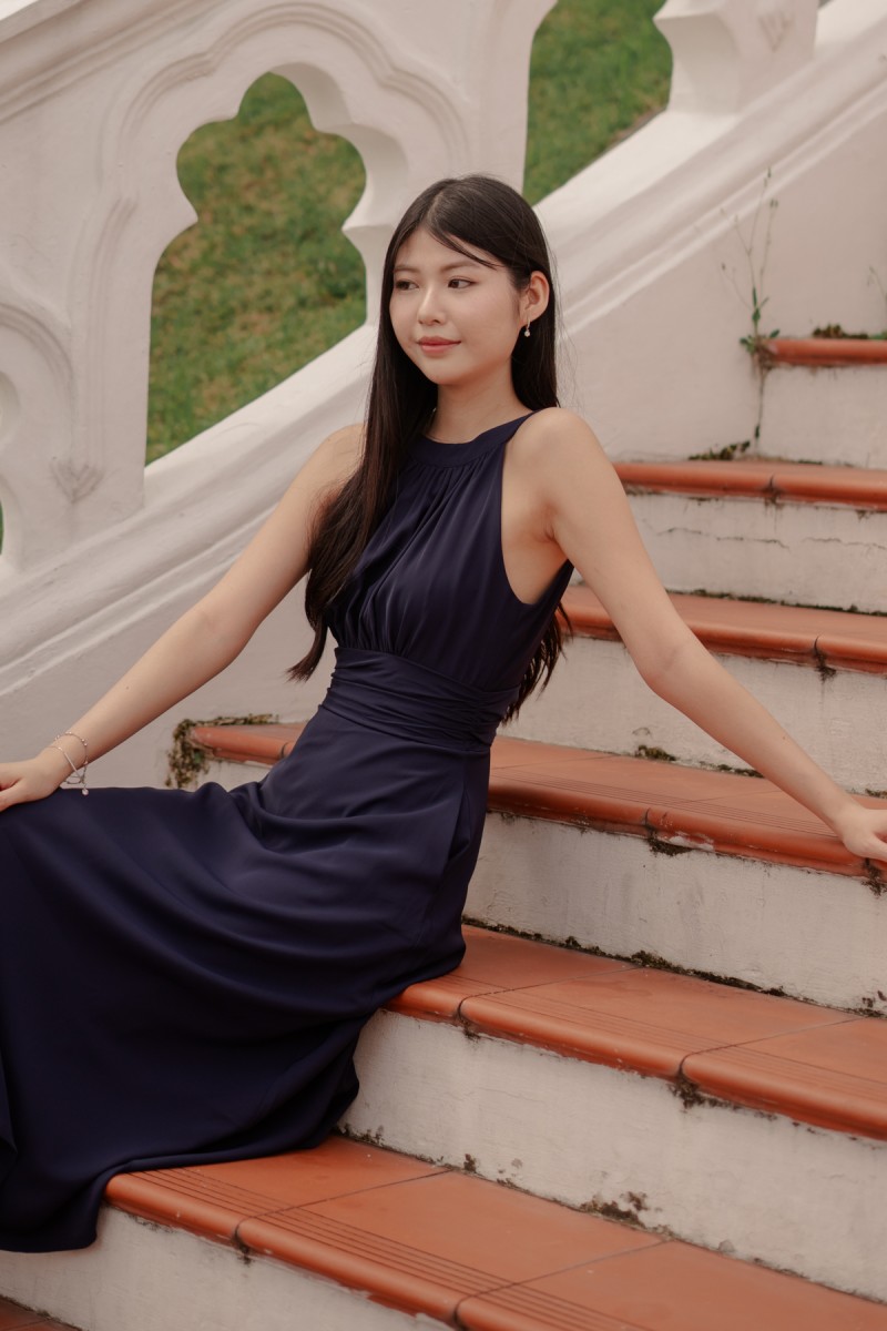 BACKORDERS: Acantha Halter Pleated Midaxi Dress in Navy