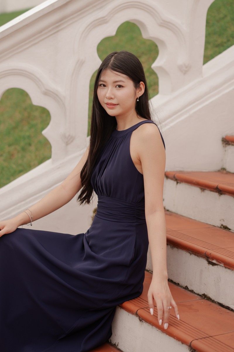 BACKORDERS: Acantha Halter Pleated Midaxi Dress in Navy