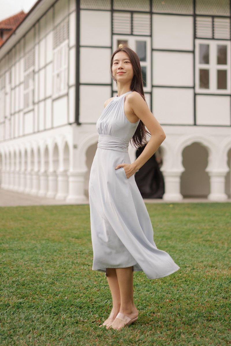 BACKORDERS: Acantha Halter Pleated Midaxi Dress in Blue
