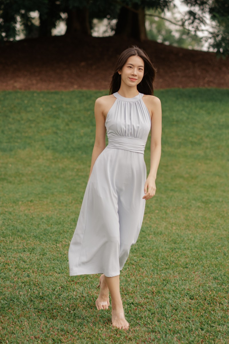 BACKORDERS: Acantha Halter Pleated Midaxi Dress in Blue