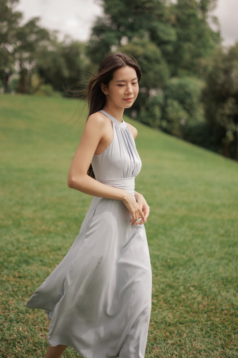 BACKORDERS: Acantha Halter Pleated Midaxi Dress in Blue