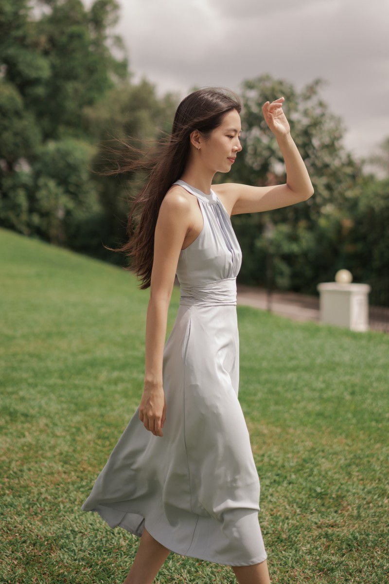 BACKORDERS: Acantha Halter Pleated Midaxi Dress in Blue