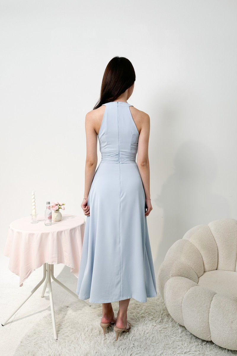 BACKORDERS: Acantha Halter Pleated Midaxi Dress in Blue