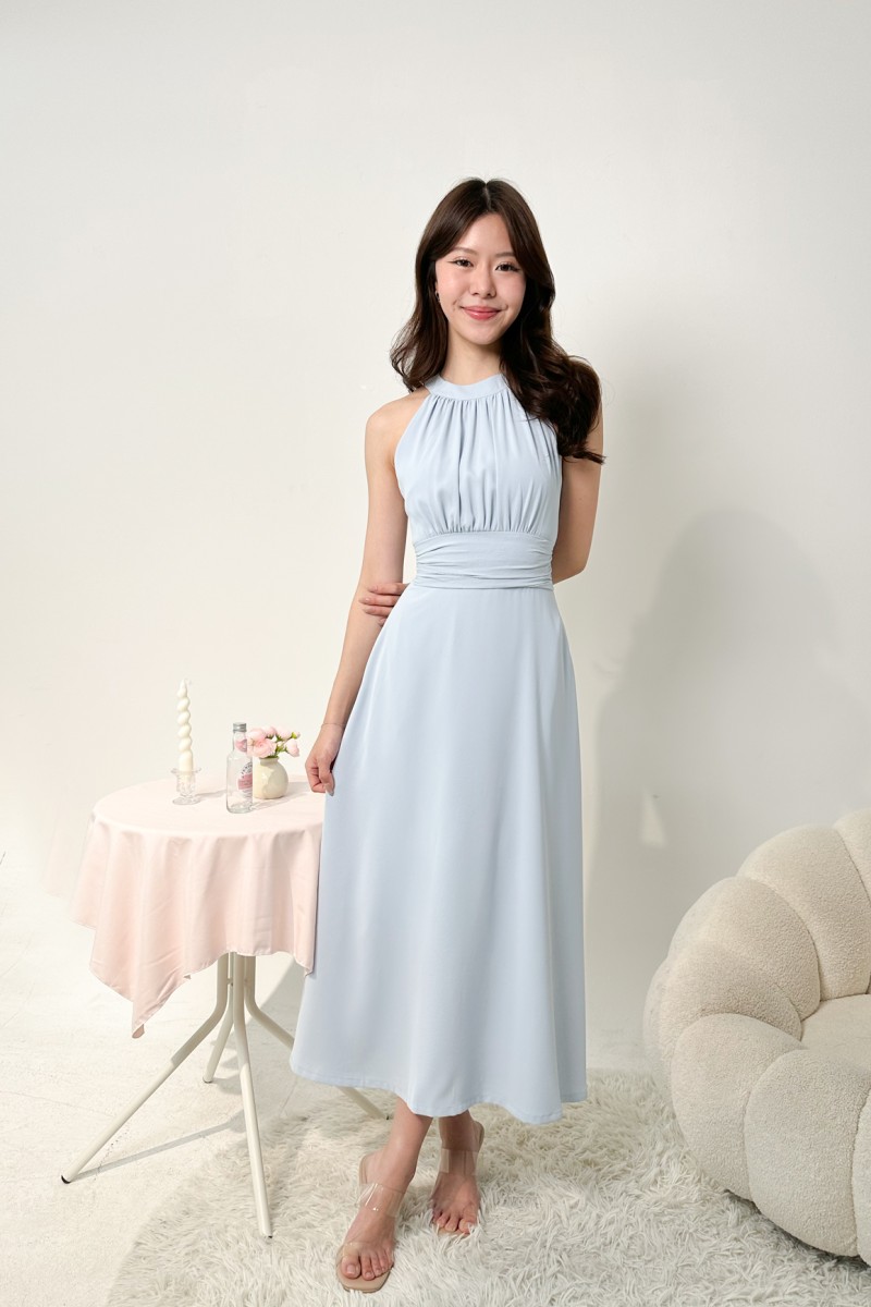 BACKORDERS: Acantha Halter Pleated Midaxi Dress in Blue