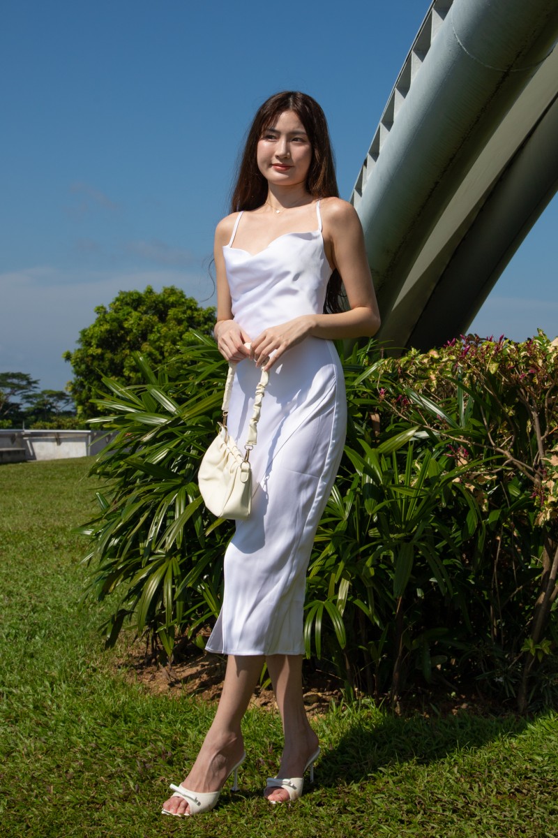 Corine Cowl Neck Front Slit Dress in White
