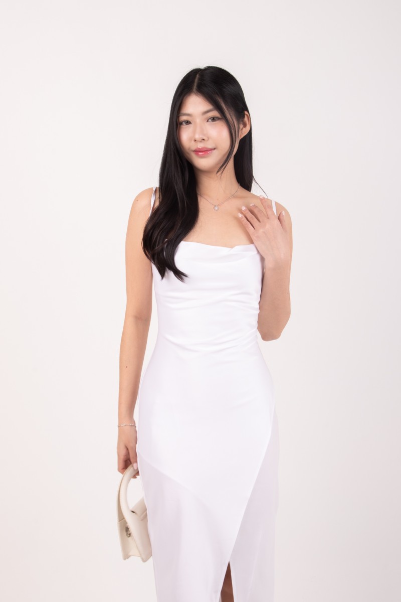 Corine Cowl Neck Front Slit Dress in White