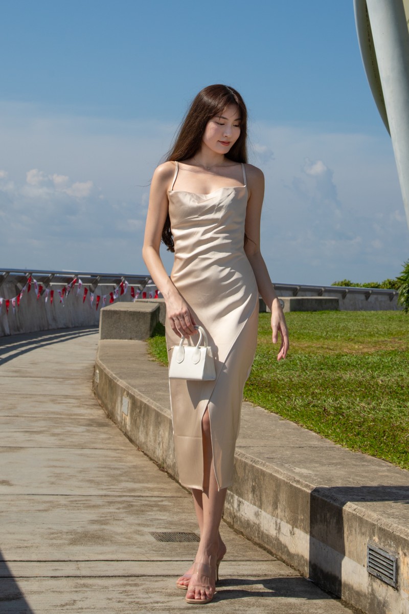 Corine Cowl Neck Front Slit Dress in Champagne