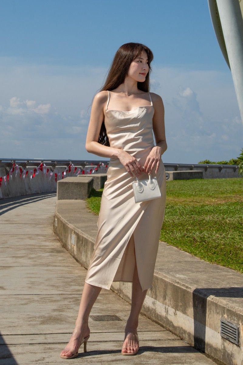 Corine Cowl Neck Front Slit Dress in Champagne