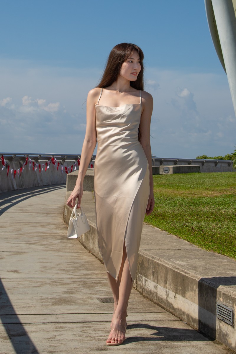 Corine Cowl Neck Front Slit Dress in Champagne