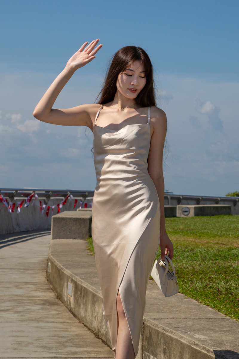 Corine Cowl Neck Front Slit Dress in Champagne