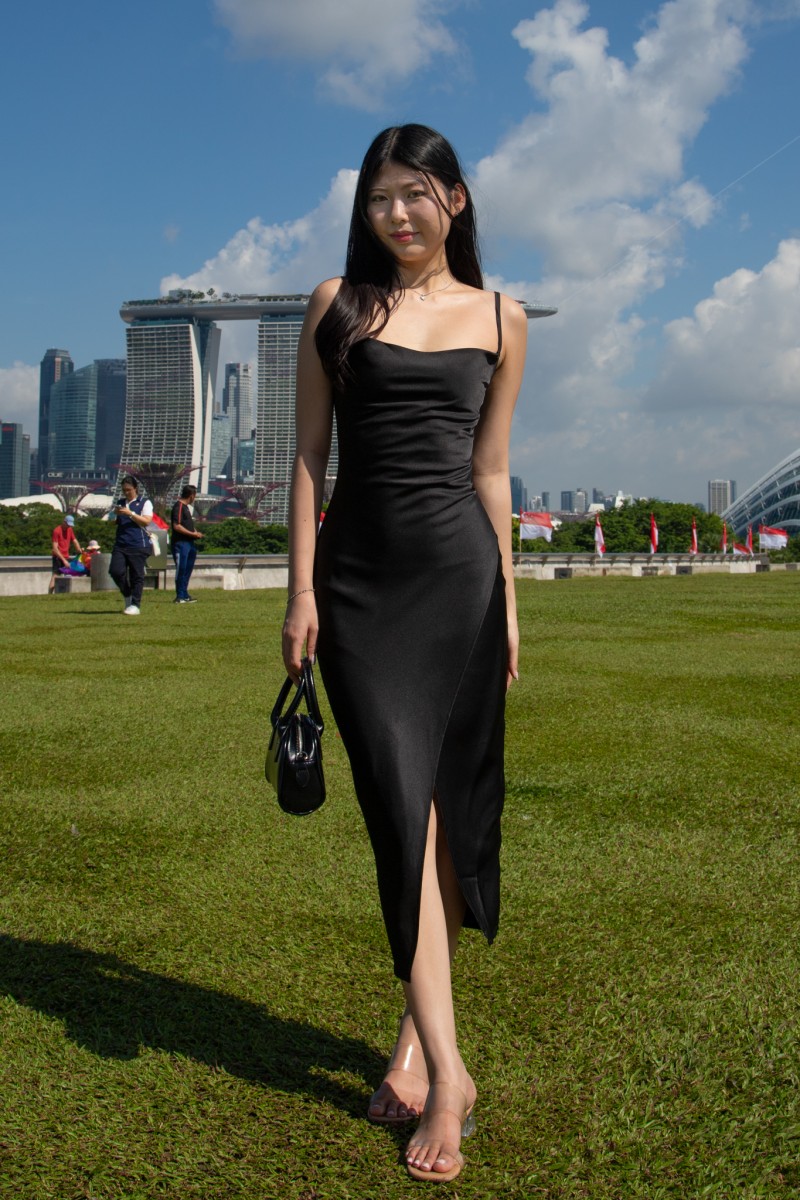 Corine Cowl Neck Front Slit Dress in Black