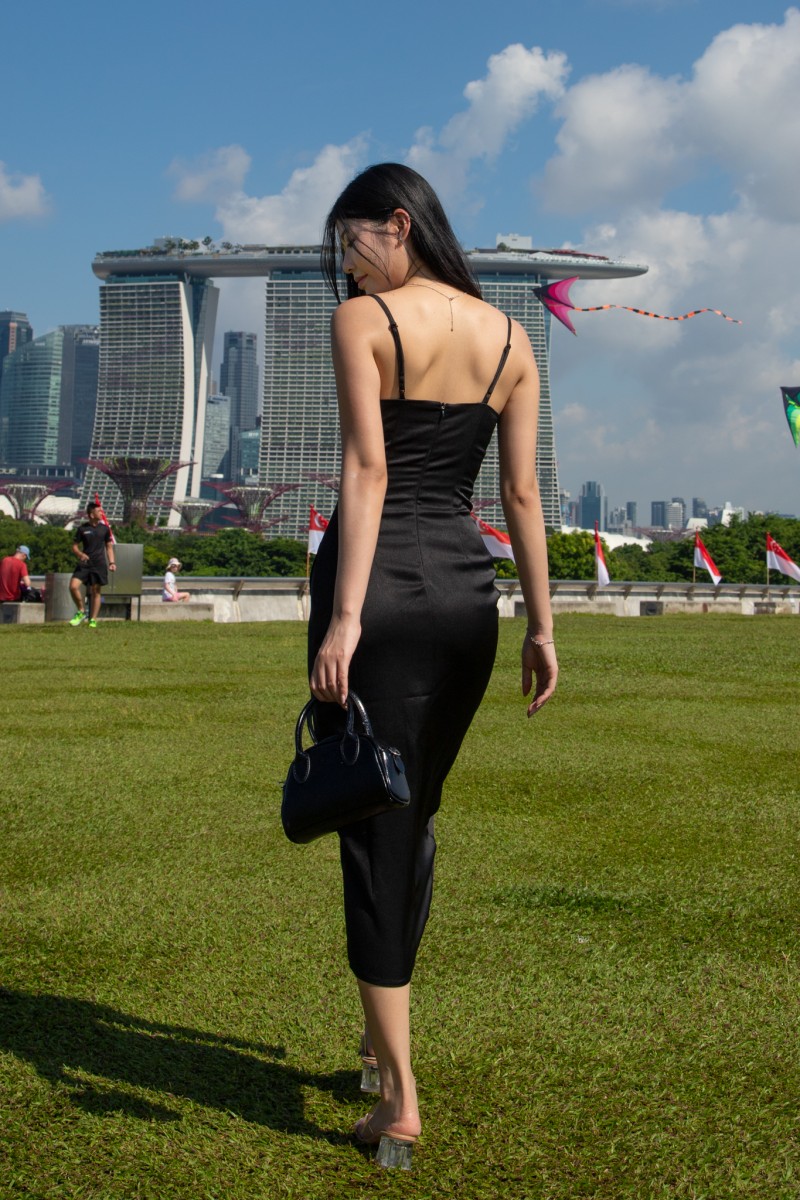 Corine Cowl Neck Front Slit Dress in Black