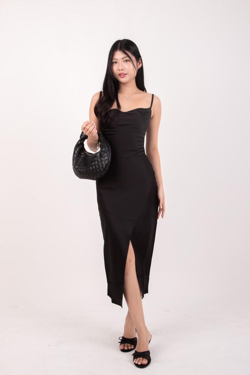 Corine Cowl Neck Front Slit Dress in Black