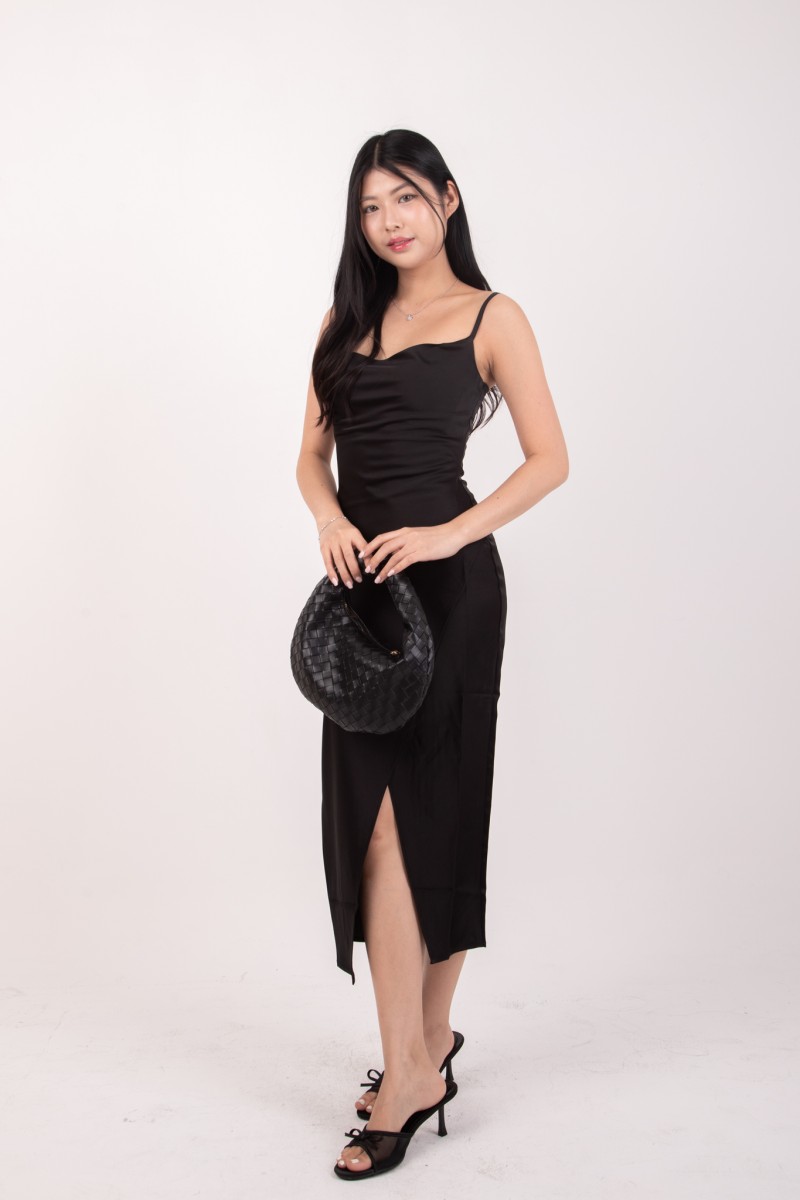Corine Cowl Neck Front Slit Dress in Black