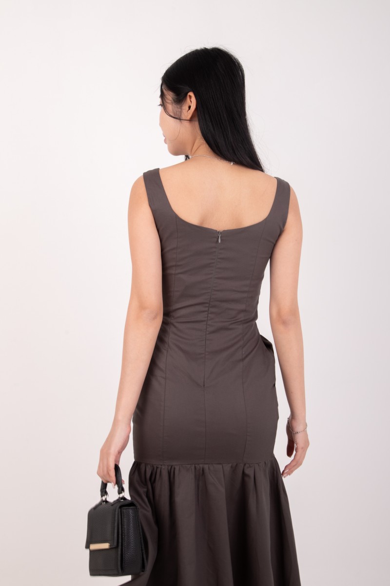 Vaela Panel Mermaid Flare Dress in Gunmetal
