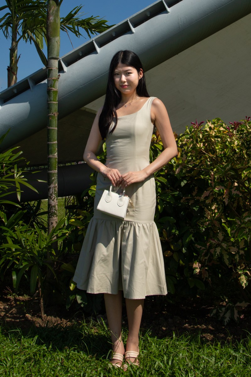 Vaela Panel Mermaid Flare Dress in Oat