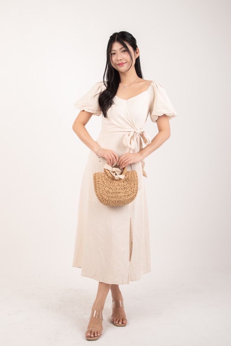Roseline Self Tie Midi Dress in Cream