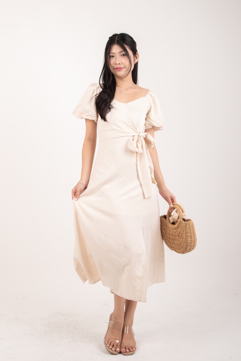 Roseline Self Tie Midi Dress in Cream