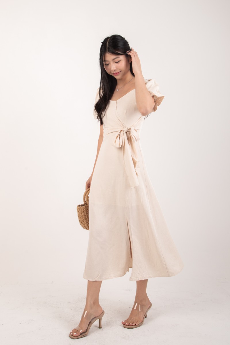 Roseline Self Tie Midi Dress in Cream