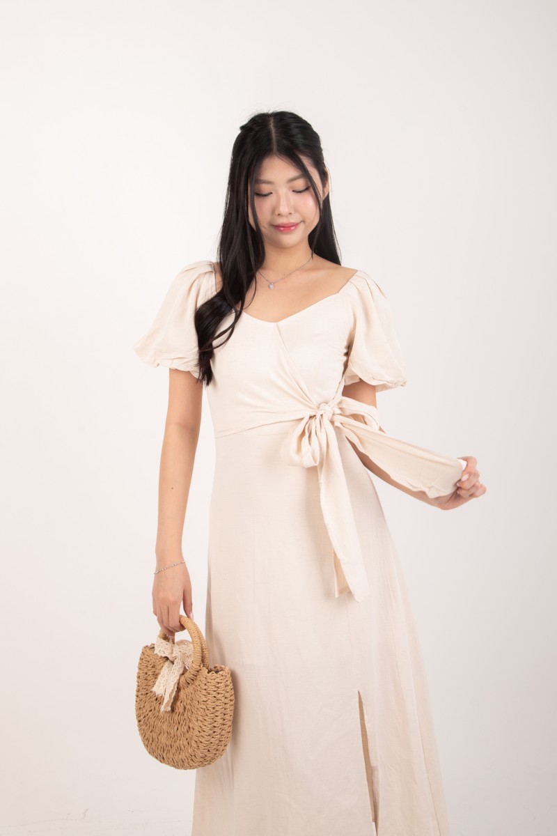 Roseline Self Tie Midi Dress in Cream