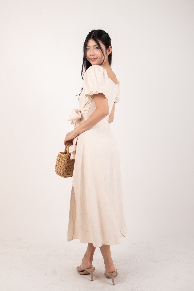 Roseline Self Tie Midi Dress in Cream