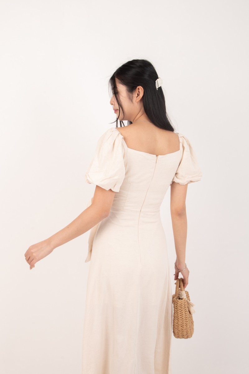 Roseline Self Tie Midi Dress in Cream