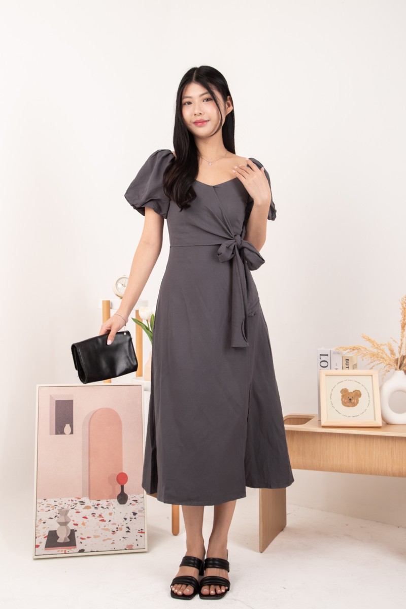 Roseline Self Tie Midi Dress in Gunmetal