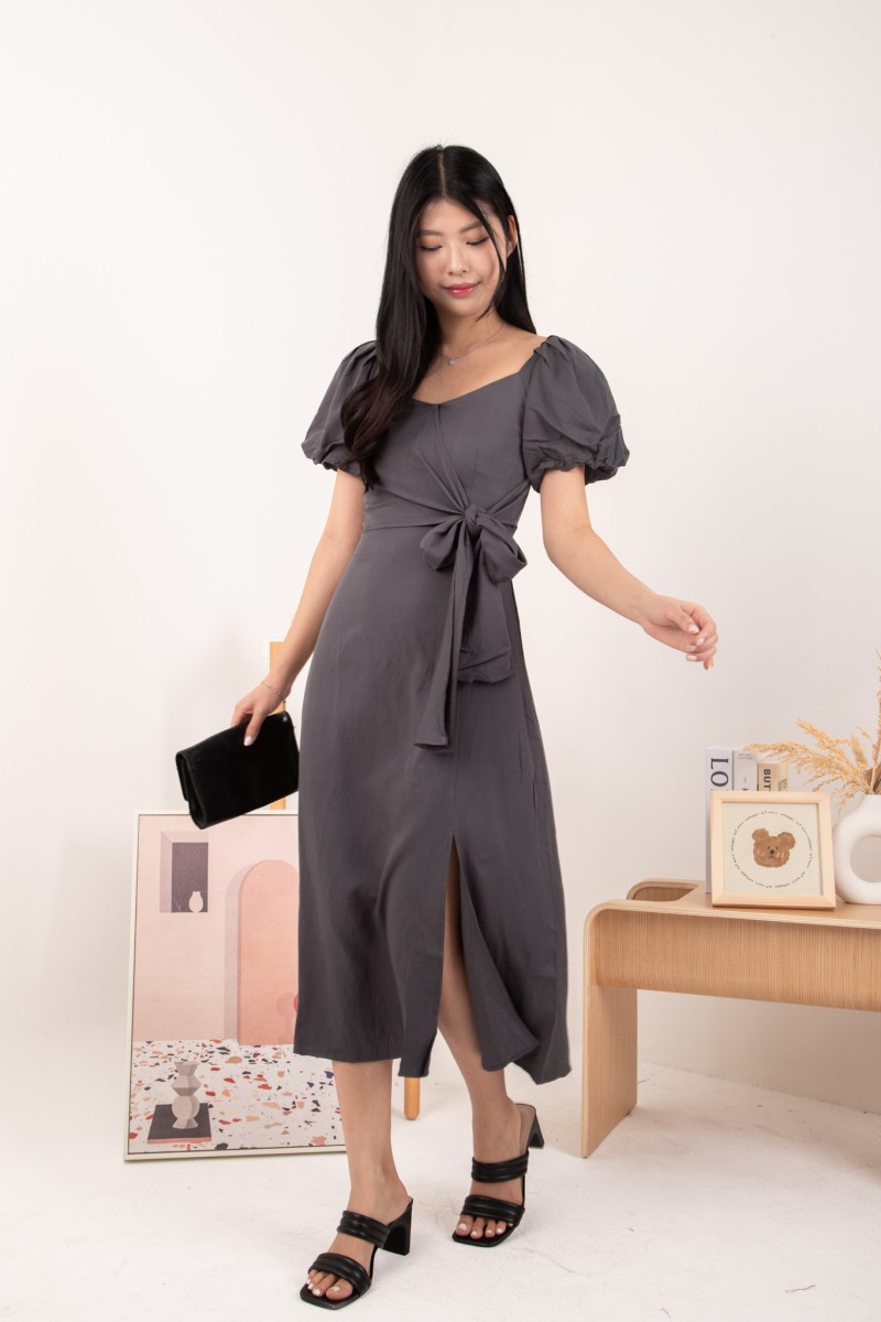 Roseline Self Tie Midi Dress in Gunmetal